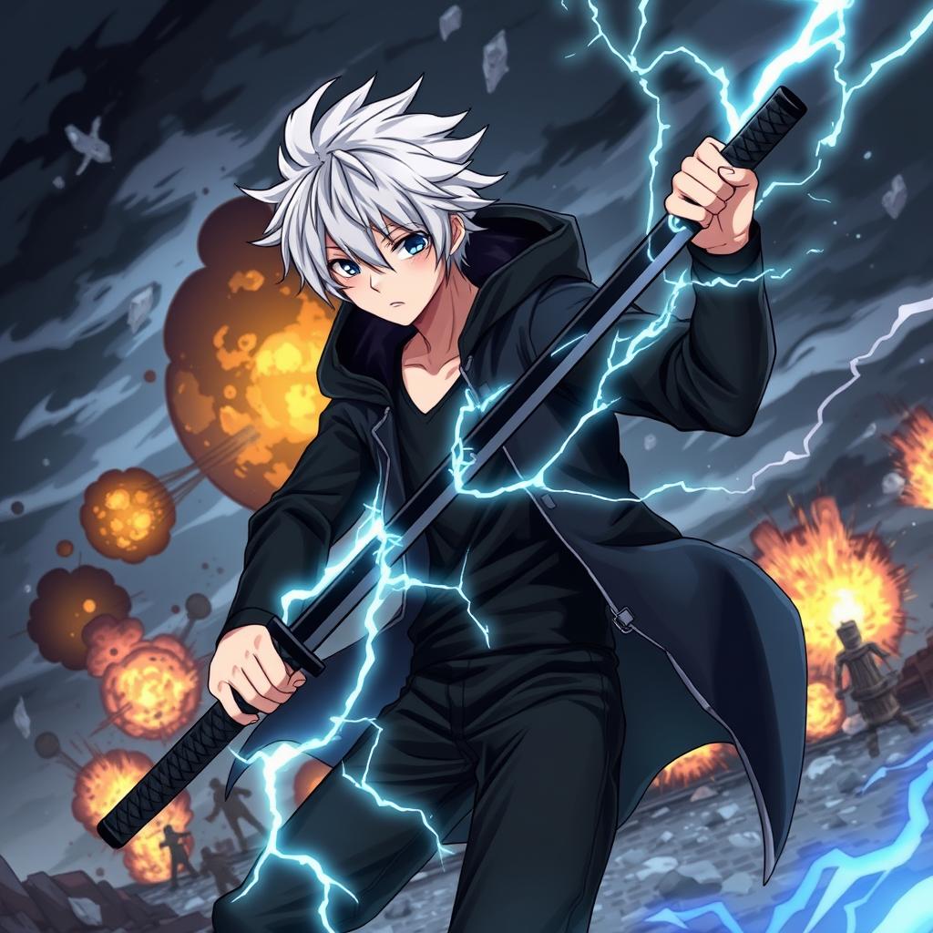 A dramatic scene featuring an anime boy with white hair and black streaks, wearing a black hooded coat, black pants, and a black undershirt