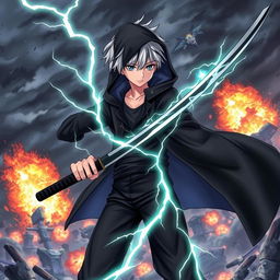 A dramatic scene featuring an anime boy with white hair and black streaks, wearing a black hooded coat, black pants, and a black undershirt