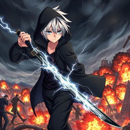 A dramatic scene featuring an anime boy with white hair and black streaks, wearing a black hooded coat, black pants, and a black undershirt