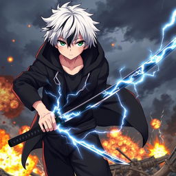 A dramatic scene featuring an anime boy with white hair and black streaks, wearing a black hooded coat, black pants, and a black undershirt