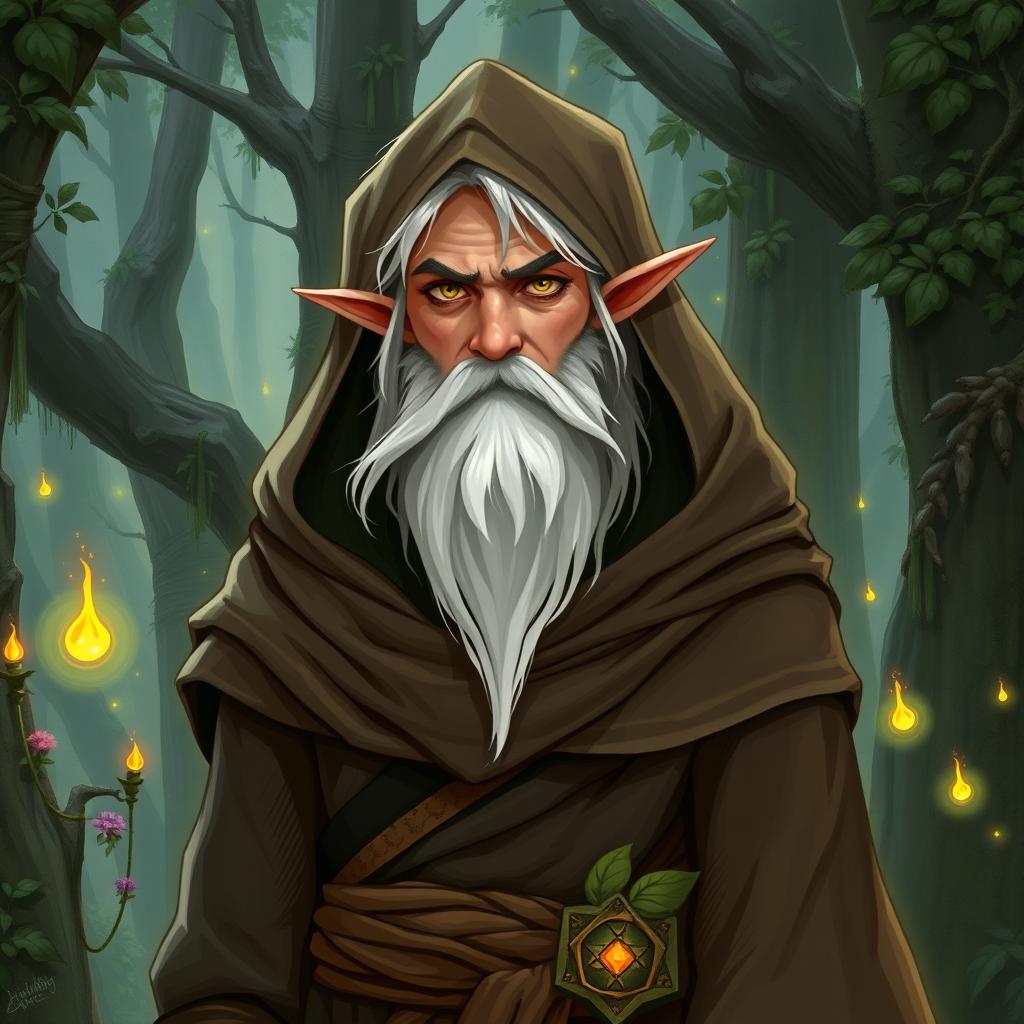 A half-elf wizard with a small white beard and hair, wearing a hooded cloak