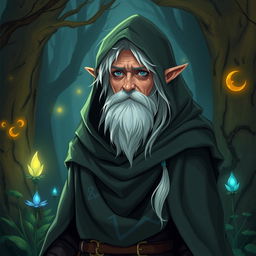 A half-elf wizard with a small white beard and hair, wearing a hooded cloak