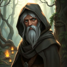 A half-elf wizard with a small white beard and hair, wearing a hooded cloak