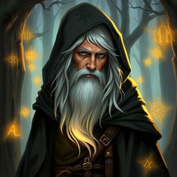 A half-elf wizard with a small white beard and hair, wearing a hooded cloak