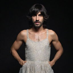 A realistic portrayal of Spanish singer-songwriter Melendi, humorously clad in a wig and dress, against a dark background