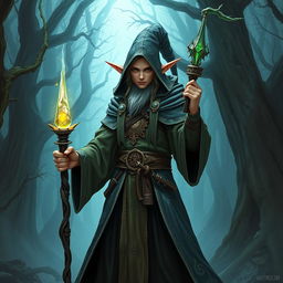 A half-elf wizard character from Dungeons and Dragons, dressed in elaborate robes with mystical runes, holding a magical staff with a glowing crystal