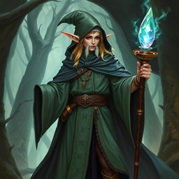 A half-elf wizard character from Dungeons and Dragons, dressed in elaborate robes with mystical runes, holding a magical staff with a glowing crystal