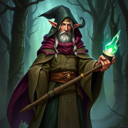 A half-elf wizard character from Dungeons and Dragons, dressed in elaborate robes with mystical runes, holding a magical staff with a glowing crystal