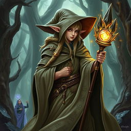 A half-elf wizard character from Dungeons and Dragons, dressed in elaborate robes with mystical runes, holding a magical staff with a glowing crystal