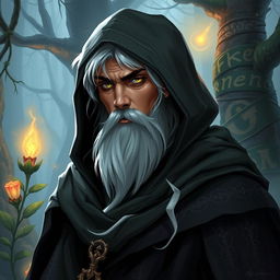 A half-elf wizard with a small white beard and hair, wearing a hooded cloak, in a Dungeons & Dragons style