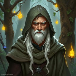 A half-elf wizard with a small white beard and hair, wearing a hooded cloak, in a Dungeons & Dragons style