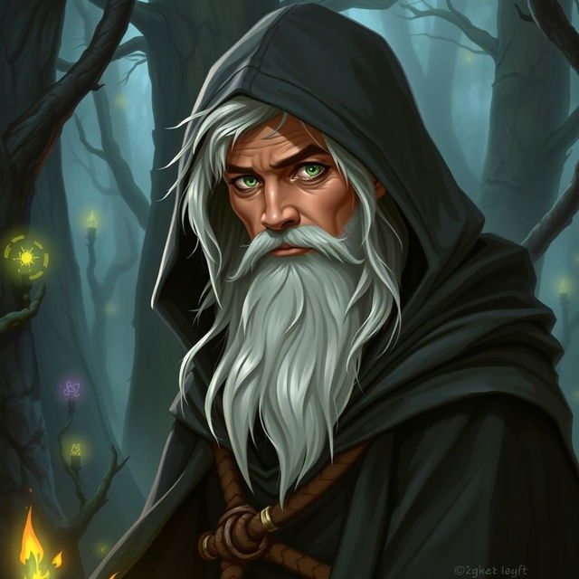 A half-elf wizard with a small white beard and hair, wearing a hooded cloak, in a Dungeons & Dragons style