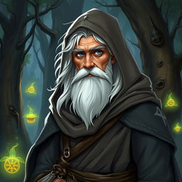 A half-elf wizard with a small white beard and hair, wearing a hooded cloak, in a Dungeons & Dragons style