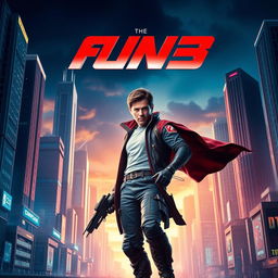 A dynamic and visually striking movie poster featuring a heroic protagonist in a futuristic cityscape