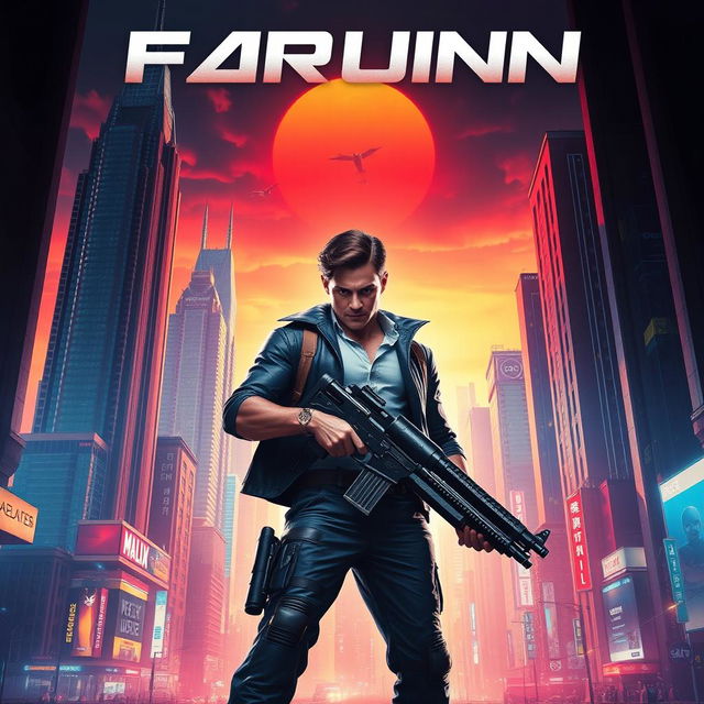 A dynamic and visually striking movie poster featuring a heroic protagonist in a futuristic cityscape