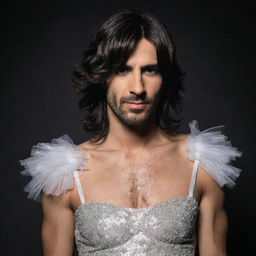 A realistic portrayal of Spanish singer-songwriter Melendi, humorously clad in a wig and dress, against a dark background