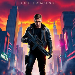 A dynamic and visually striking movie poster featuring a heroic protagonist in a futuristic cityscape