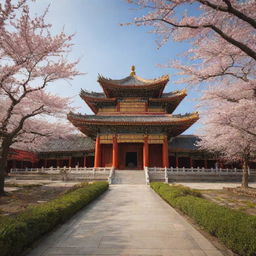 A massive Chinese temple with grand architecture, featuring intricate gold designs, vibrant red lanterns, surrounded by a tranquil cherry blossom garden.