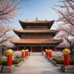 A massive Chinese temple with grand architecture, featuring intricate gold designs, vibrant red lanterns, surrounded by a tranquil cherry blossom garden.