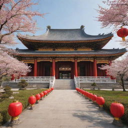 A massive Chinese temple with grand architecture, featuring intricate gold designs, vibrant red lanterns, surrounded by a tranquil cherry blossom garden.