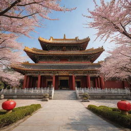 A massive Chinese temple with grand architecture, featuring intricate gold designs, vibrant red lanterns, surrounded by a tranquil cherry blossom garden.