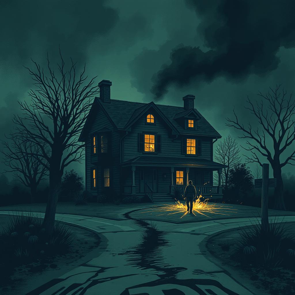 A striking dramatic modern illustration of an old house situated at a crossroads