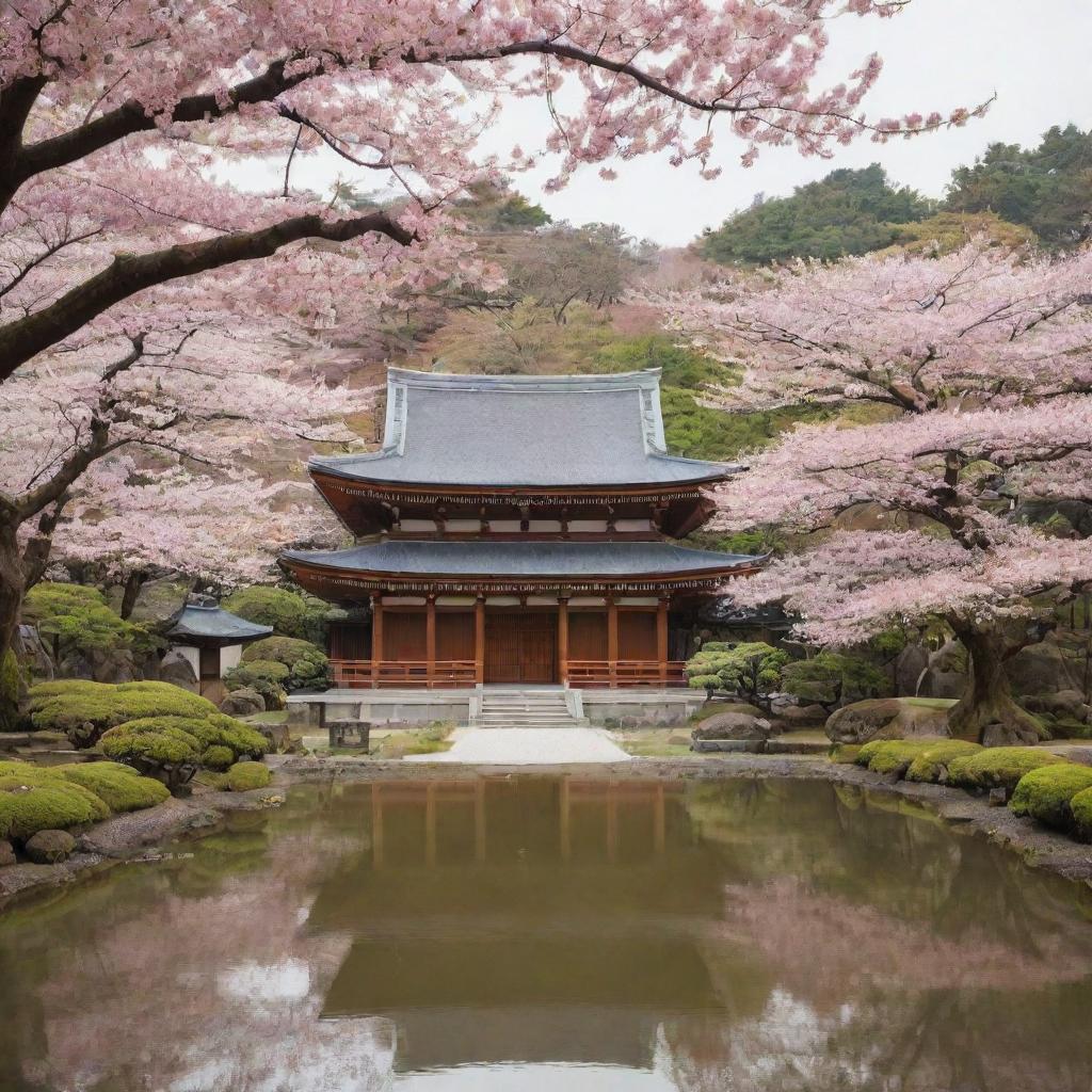 A large Japanese temple, exuding tranquility with its minimalist design, exquisite woodwork, nestled amidst a serene zen garden with blooming cherry blossom trees.