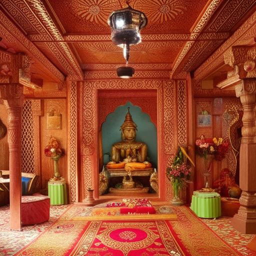 A tranquil Pooja room furnished with gleaming brass statues, carved teakwood furniture, sandalwood incense filling the air, warm glow from oil lamps illuminating ornate patterns on vibrant carpets, all under a floral ceiling.