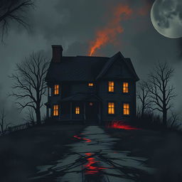 A striking dramatic modern illustration of an old house situated at a crossroads