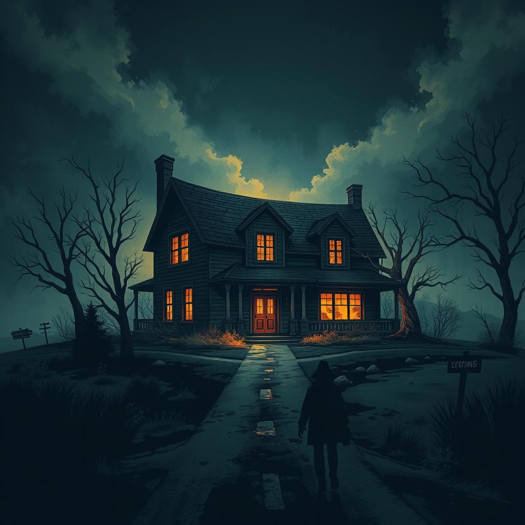 A striking dramatic modern illustration of an old house situated at a crossroads