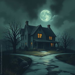 A striking dramatic modern illustration of an old house situated at a crossroads