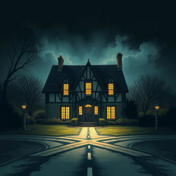 A striking modern illustration of an old English house situated at a crossroads, designed as a book cover