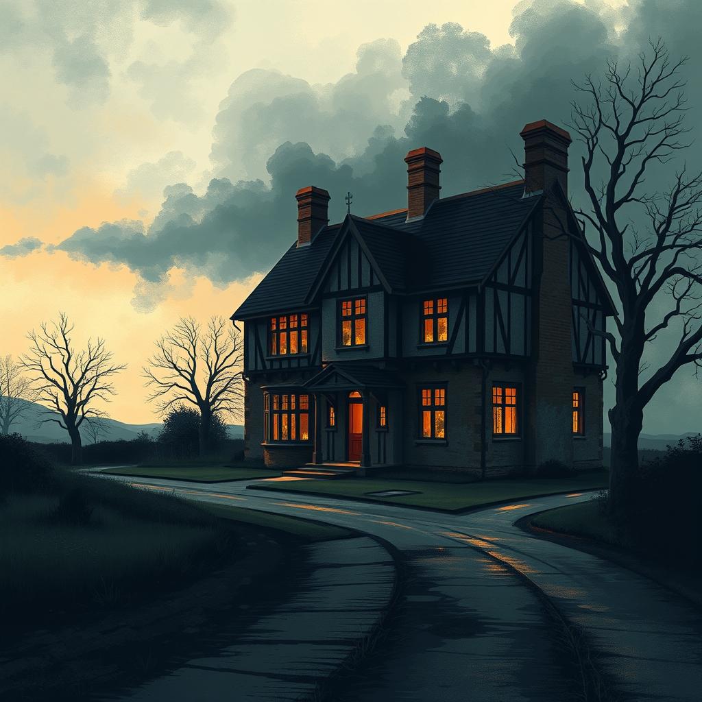 A striking modern illustration of an old English house situated at a crossroads, designed as a book cover