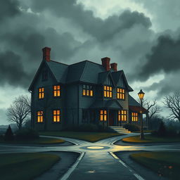 A striking modern illustration of an old English house situated at a crossroads, designed as a book cover