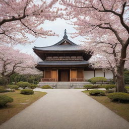 A large Japanese temple, exuding tranquility with its minimalist design, exquisite woodwork, nestled amidst a serene zen garden with blooming cherry blossom trees.