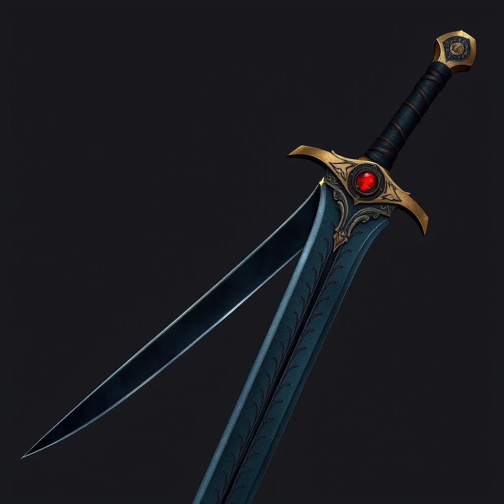 A detailed illustration of a sword with a curved, almost black blade