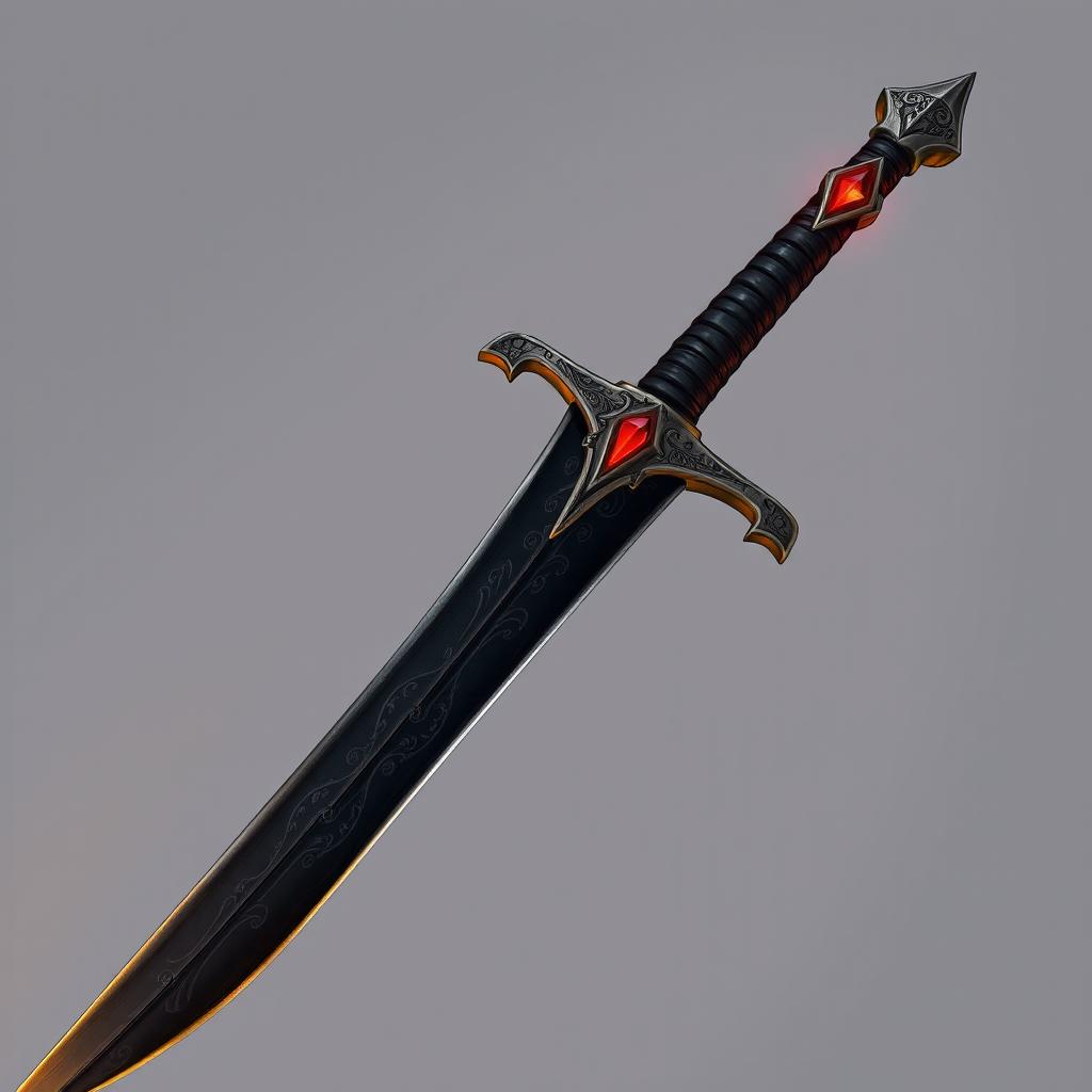 A detailed illustration of a sword with a curved, almost black blade