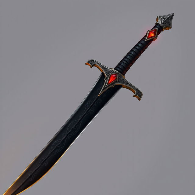 A detailed illustration of a sword with a curved, almost black blade