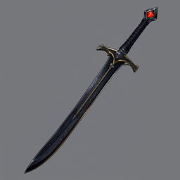 A detailed illustration of a sword with a curved, almost black blade