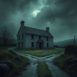 An illustration of a farmhouse ruin in Cornwall situated on a creepy crossroads