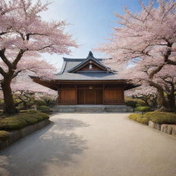 A large Japanese temple, exuding tranquility with its minimalist design, exquisite woodwork, nestled amidst a serene zen garden with blooming cherry blossom trees.