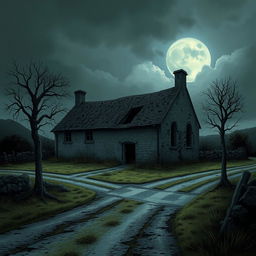 An illustration of a farmhouse ruin in Cornwall situated on a creepy crossroads