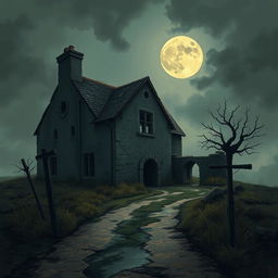 An illustration of a farmhouse ruin in Cornwall situated on a creepy crossroads