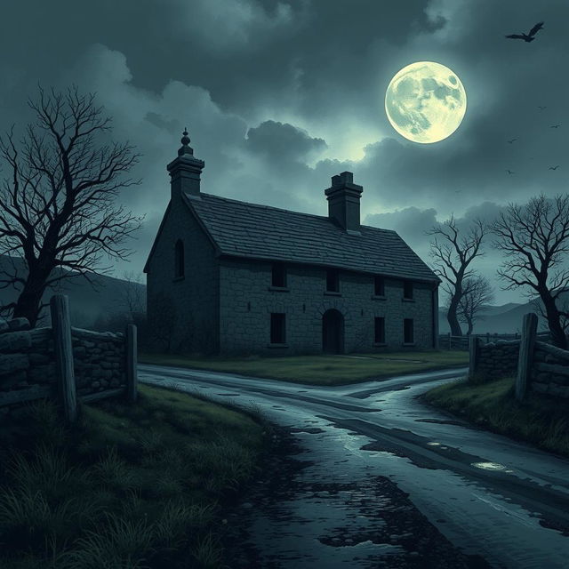 An illustration of a farmhouse ruin in Cornwall situated on a creepy crossroads