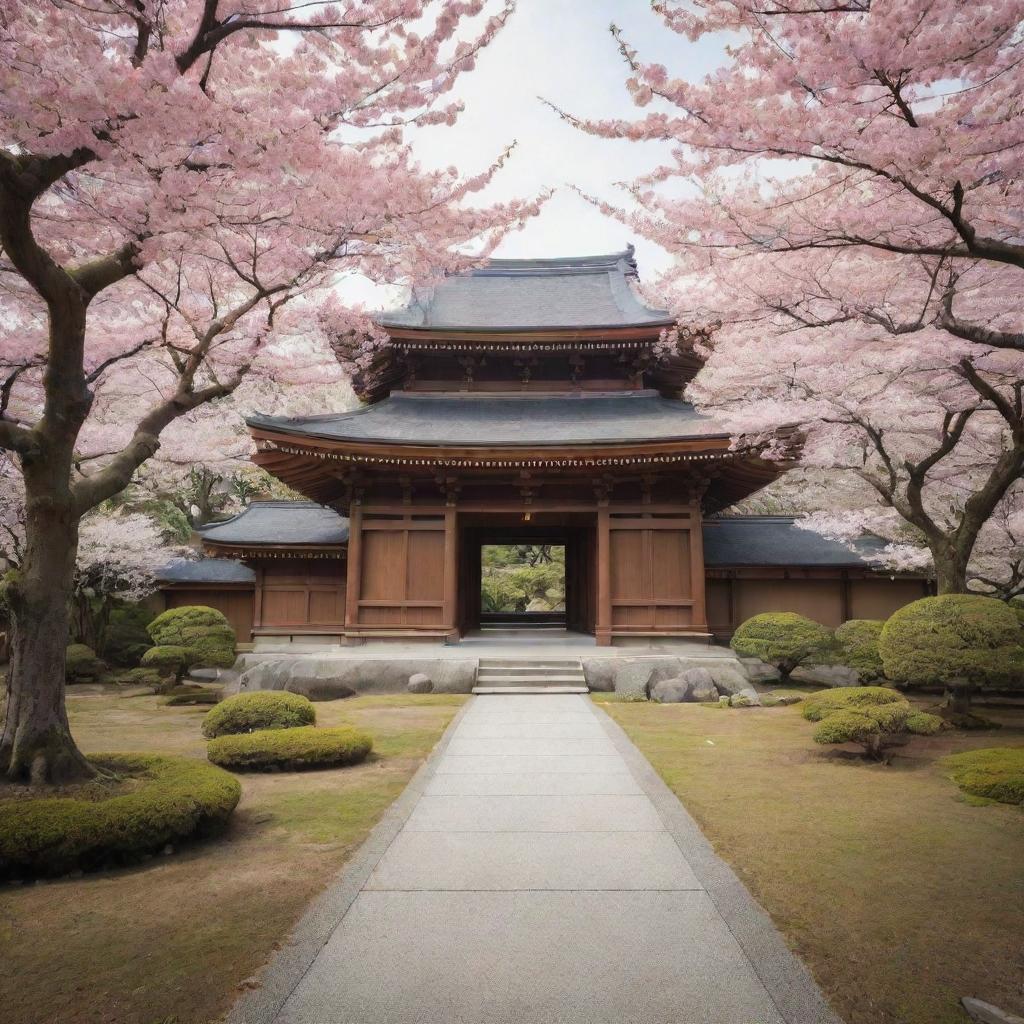 A large Japanese temple, exuding tranquility with its minimalist design, exquisite woodwork, nestled amidst a serene zen garden with blooming cherry blossom trees.