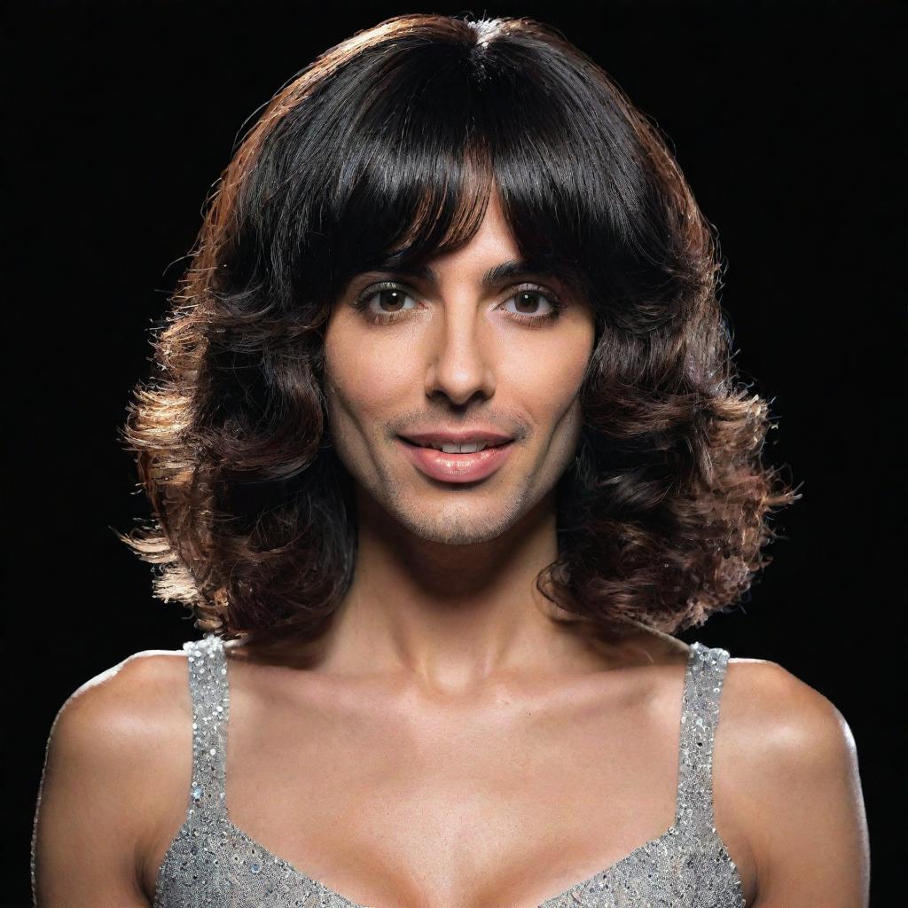 A realistic depiction of the singer Melendi humorously transformed with a female face effect, wearing a wig and dress against a dark background