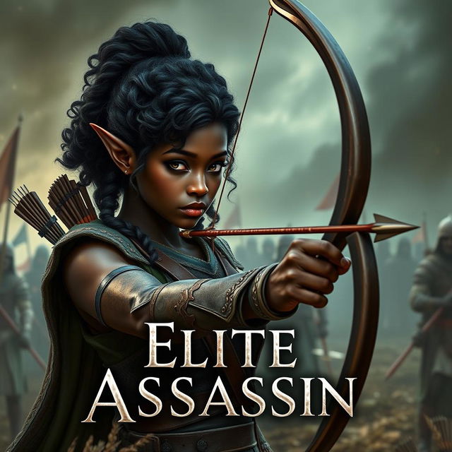 Create a book cover featuring an elf of unparalleled beauty with black skin and curly hair in a war setting