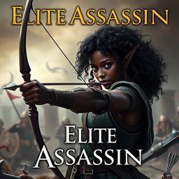 Create a book cover featuring an elf of unparalleled beauty with black skin and curly hair in a war setting