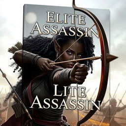 Create a book cover featuring an elf of unparalleled beauty with black skin and curly hair in a war setting