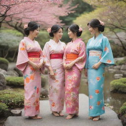 A group of Japanese women in traditional kimonos, showcasing vibrant designs and patterns. They are enjoying a peaceful afternoon in a bloom-filled Japanese garden.